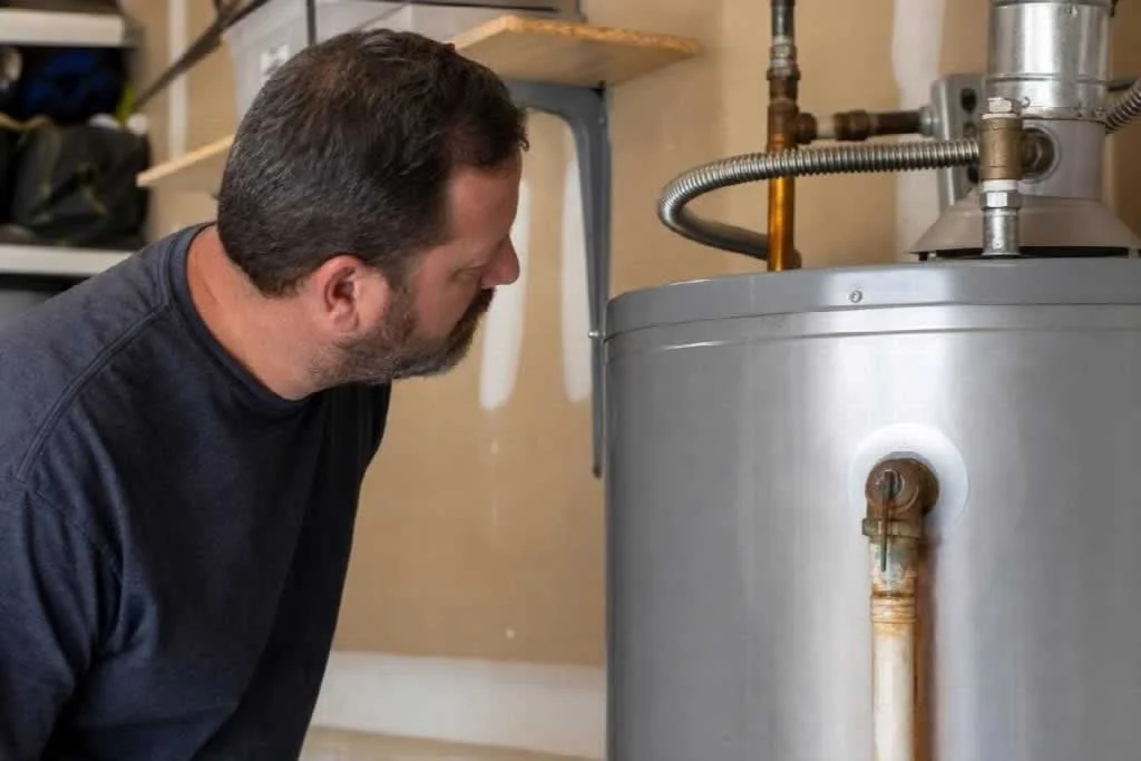plumber doing a seasonal water heater inspection