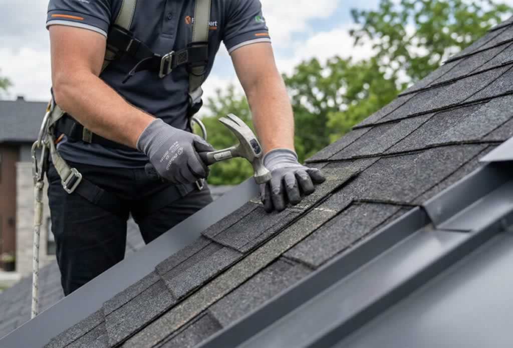 nailing new shingles on the roof