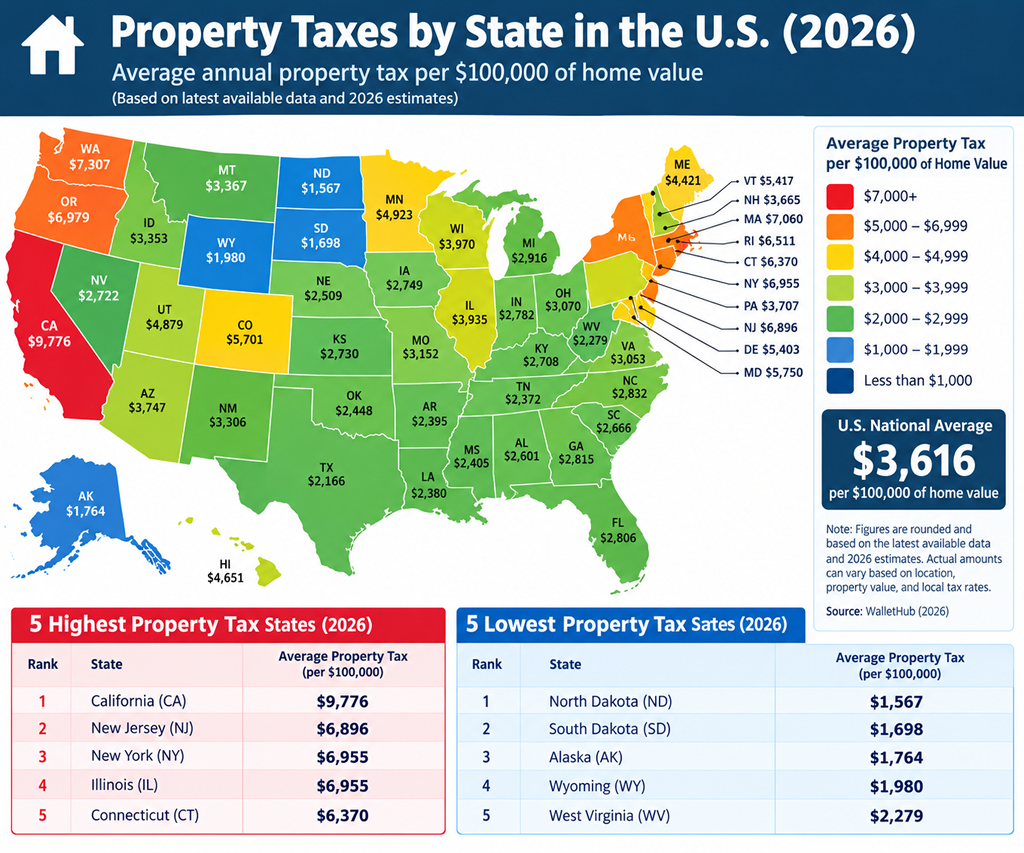 diagram of property tax by state and list of highest and lowest property taxes in US