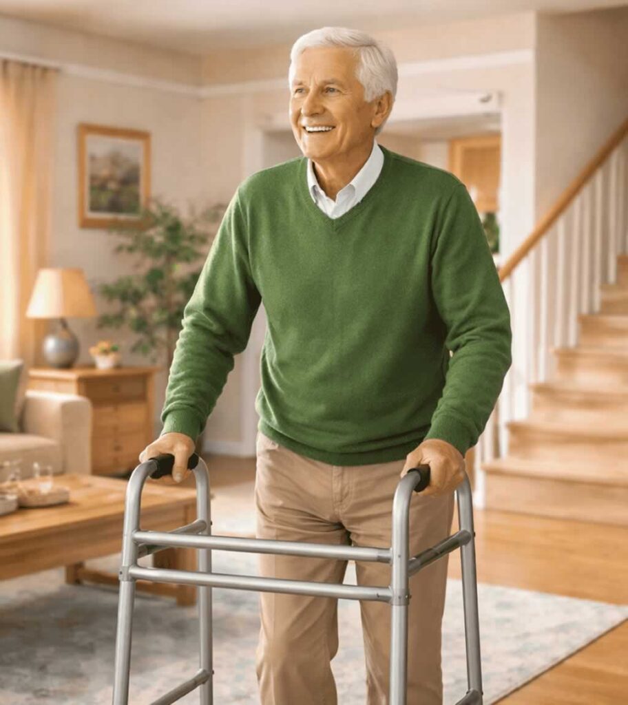 old man with walker moving freely through safe living environment 