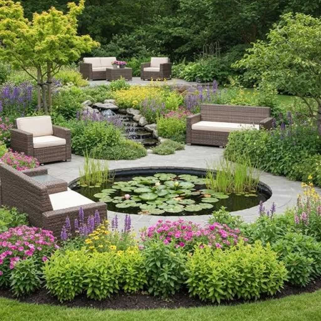 amazing backyard design with fish pond in the middle